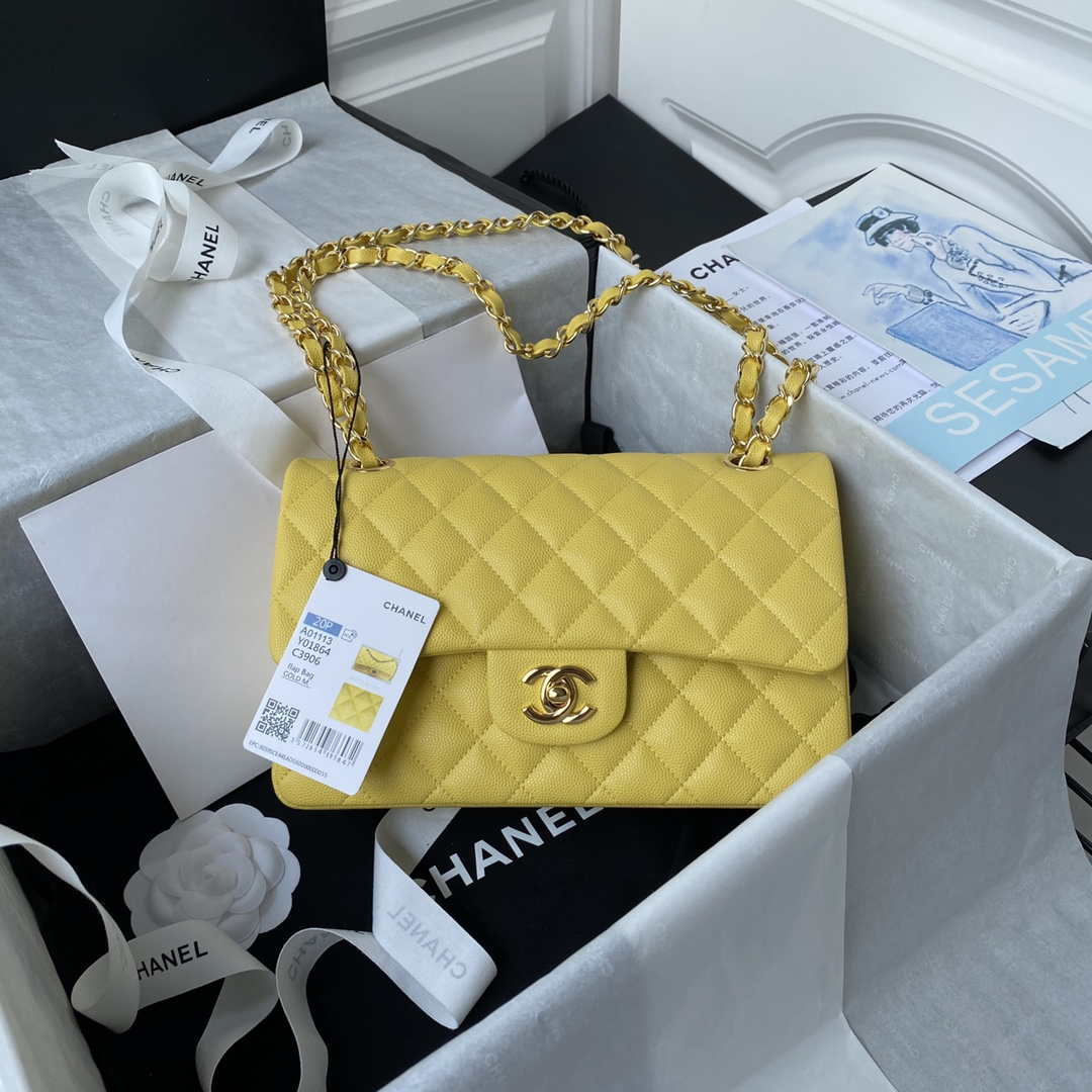 Chanel A01113 Flap Handbag Classic Bag Grained shiny Calfskin Yellow Gold - Default Title - View 1