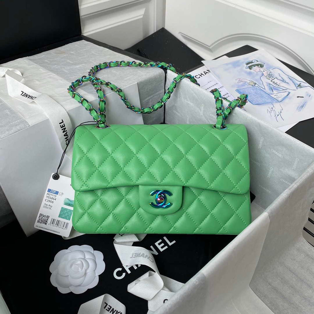 Chanel A01113 Flap Handbag Classic Bag Green Lambskin with Blue Hardware