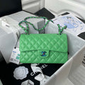 Chanel A01113 Flap Handbag Classic Bag Green Lambskin with Blue Hardware
