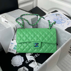 Chanel A01113 Flap Handbag Classic Bag Green Lambskin with Blue Hardware - Default Title - View 1