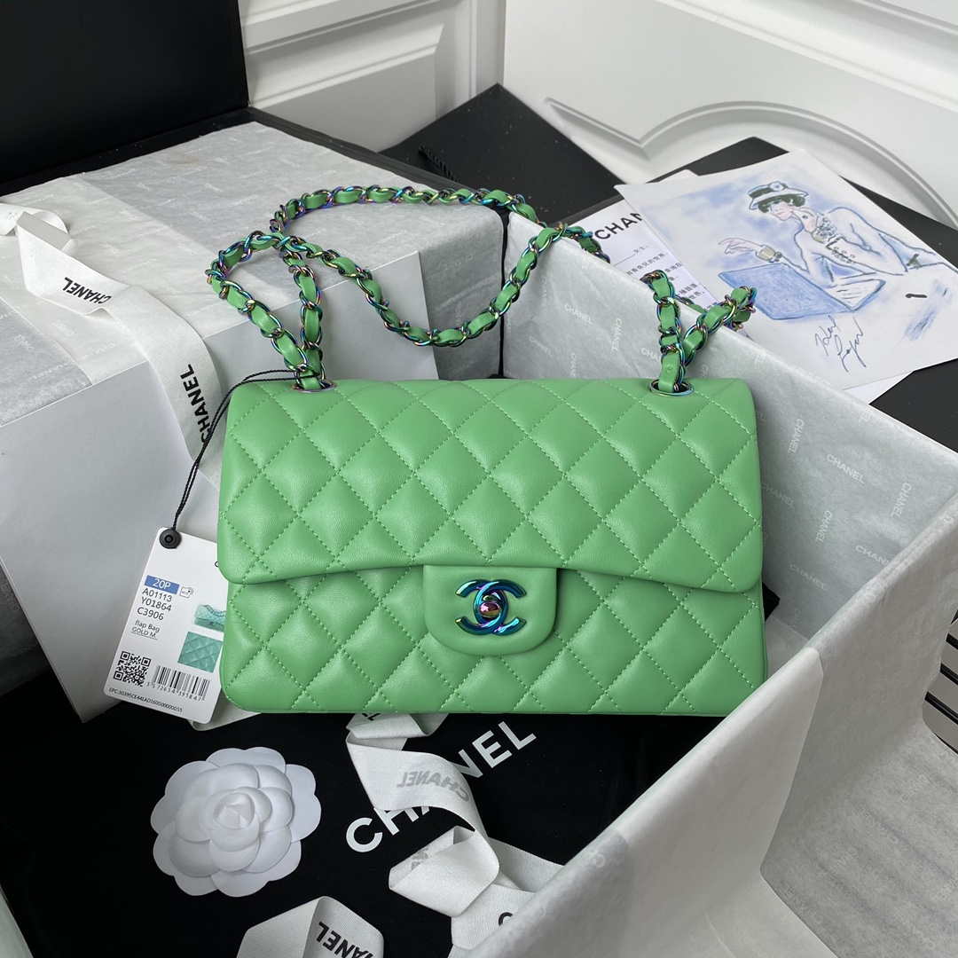 Chanel A01113 Flap Handbag Classic Bag Green Lambskin with Blue Hardware