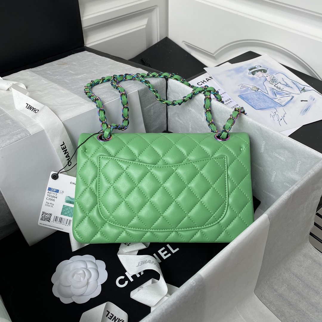 Chanel A01113 Flap Handbag Classic Bag Green Lambskin with Blue Hardware - Default Title - View 2