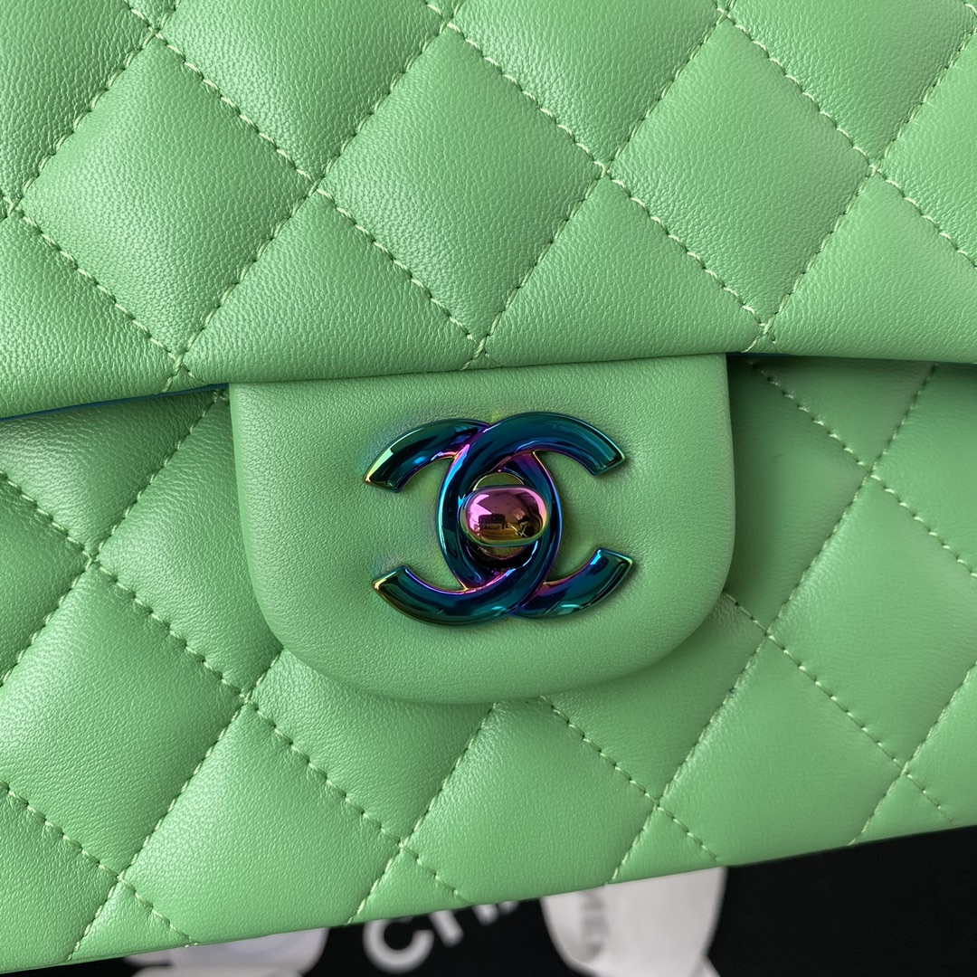 Chanel A01113 Flap Handbag Classic Bag Green Lambskin with Blue Hardware