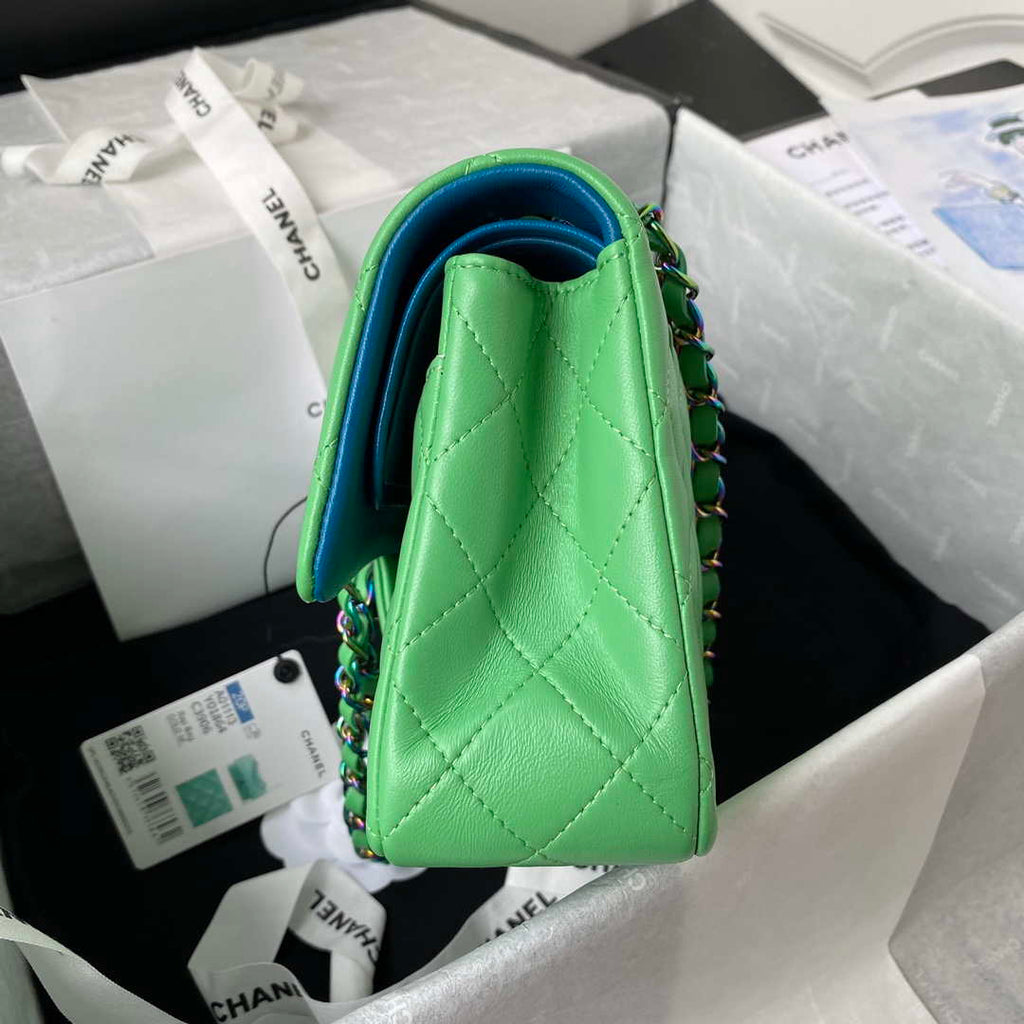 Chanel A01113 Flap Handbag Classic Bag Green Lambskin with Blue Hardware