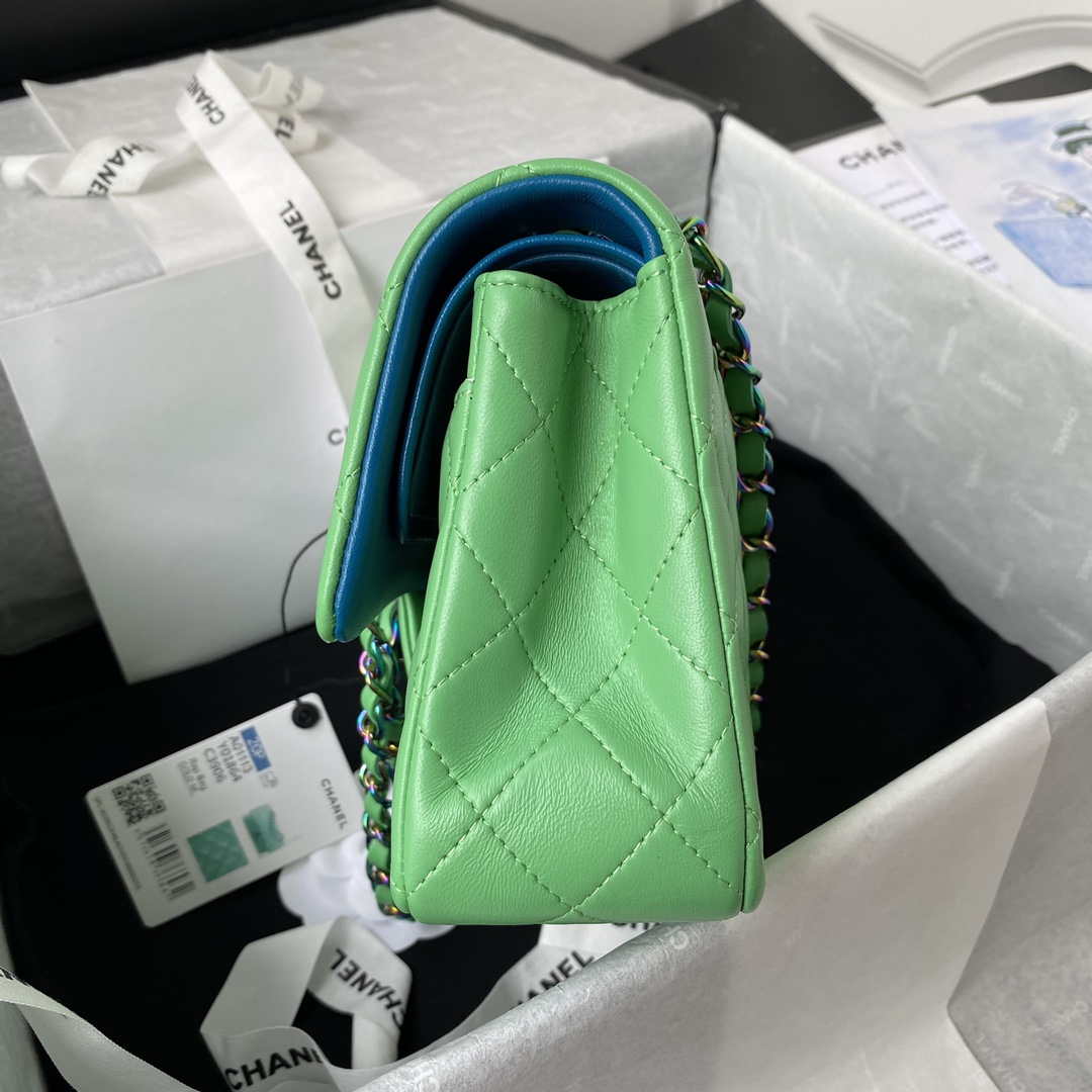 Chanel A01113 Flap Handbag Classic Bag Green Lambskin with Blue Hardware