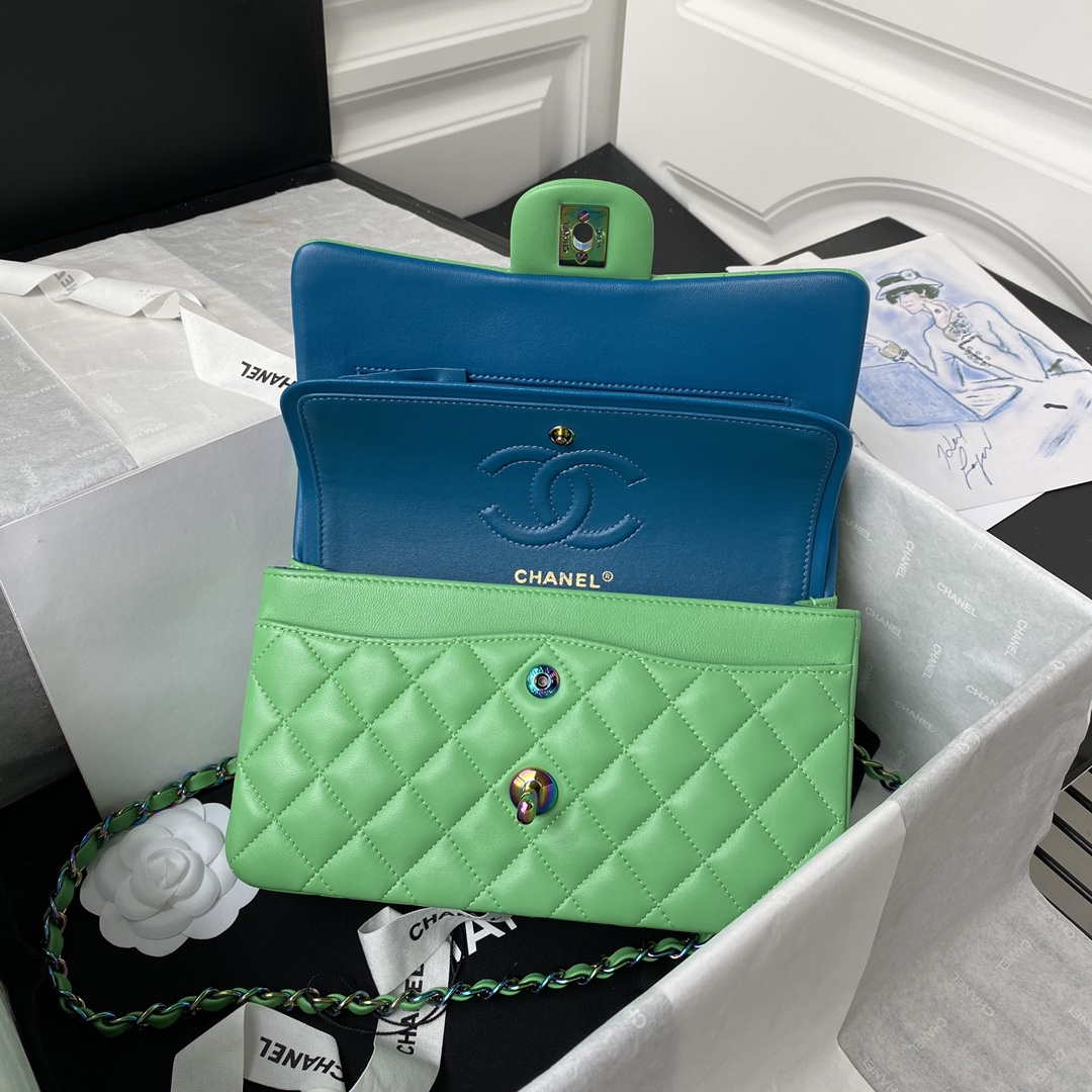 Chanel A01113 Flap Handbag Classic Bag Green Lambskin with Blue Hardware