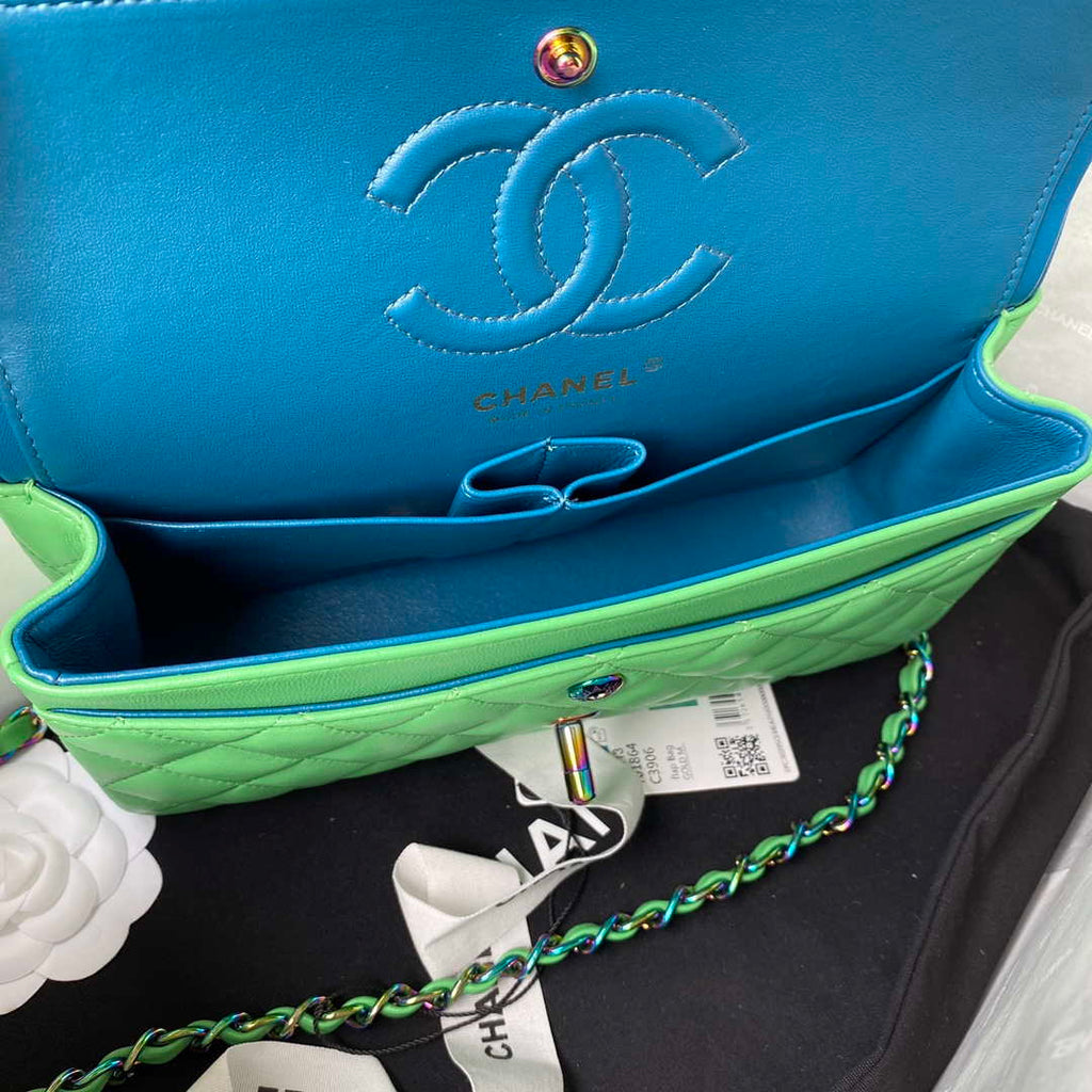 Chanel A01113 Flap Handbag Classic Bag Green Lambskin with Blue Hardware