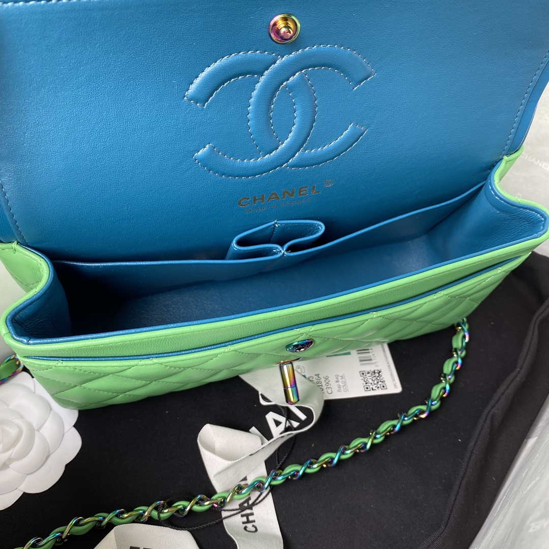Chanel A01113 Flap Handbag Classic Bag Green Lambskin with Blue Hardware