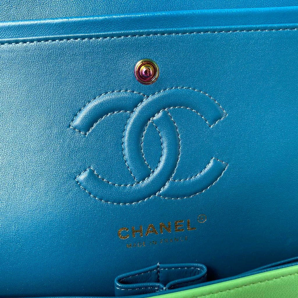 Chanel A01113 Flap Handbag Classic Bag Green Lambskin with Blue Hardware