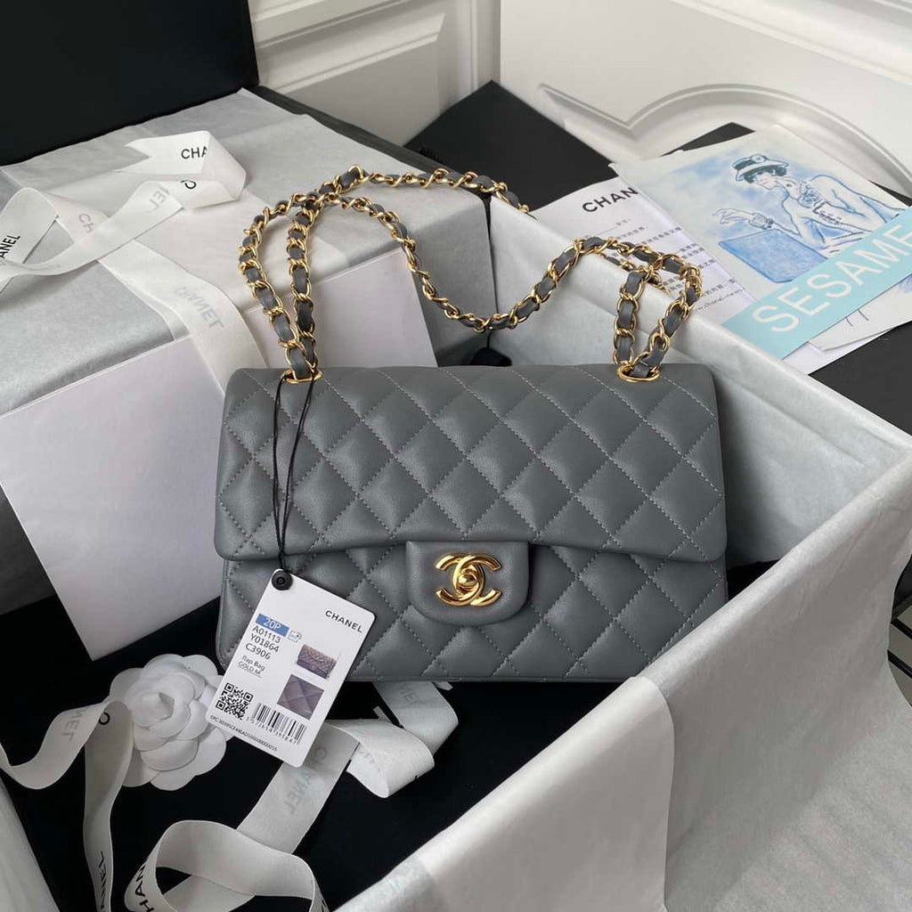 Chanel A01113 Flap Handbag Classic Bag Lambskin Gray Gold