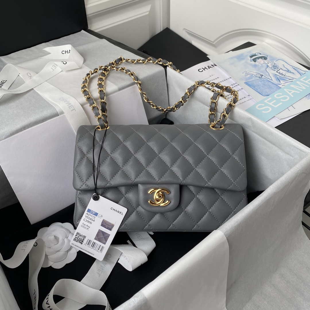 Chanel A01113 Flap Handbag Classic Bag Lambskin Gray Gold - Default Title - View 1