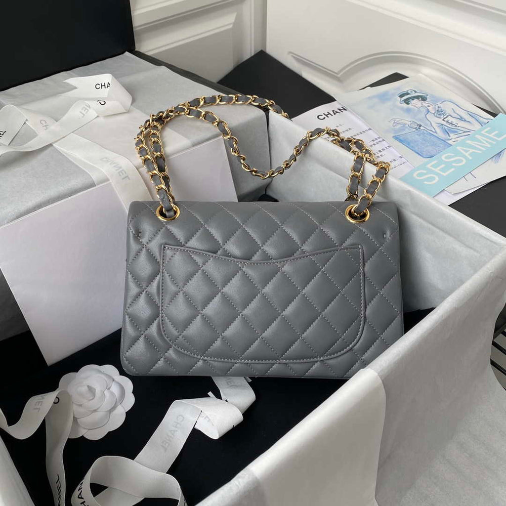 Chanel A01113 Flap Handbag Classic Bag Lambskin Gray Gold