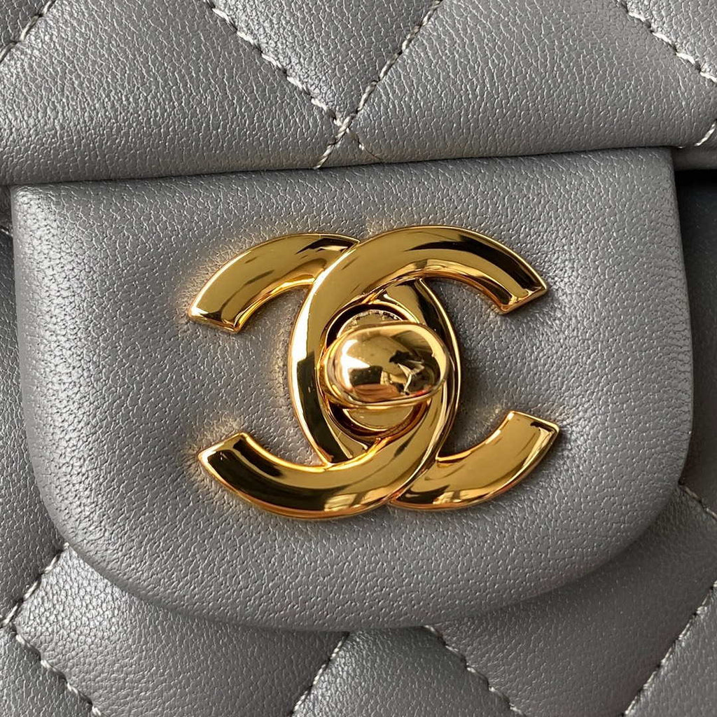 Chanel A01113 Flap Handbag Classic Bag Lambskin Gray Gold