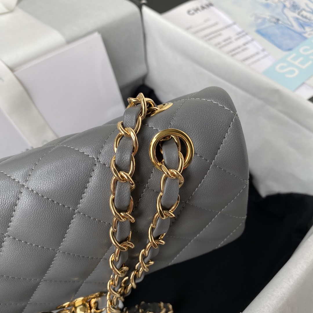 Chanel A01113 Flap Handbag Classic Bag Lambskin Gray Gold