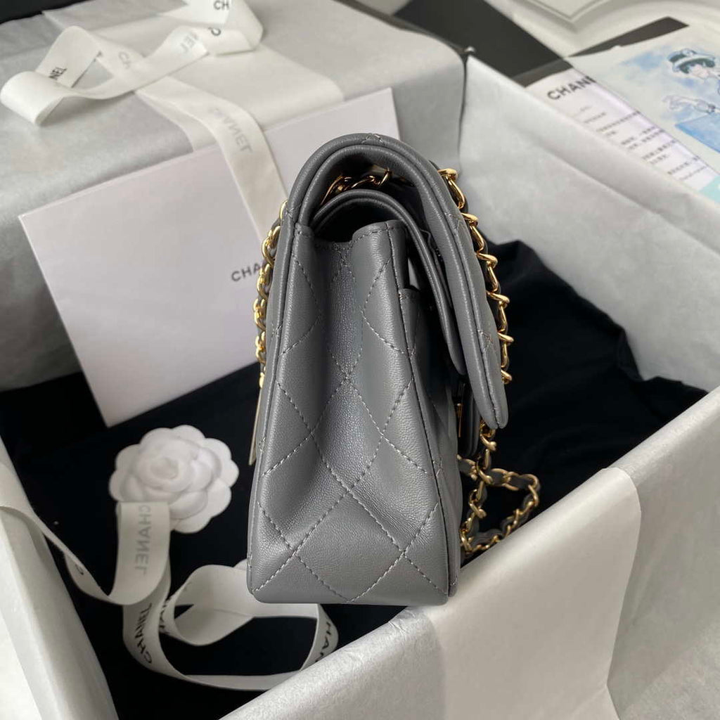 Chanel A01113 Flap Handbag Classic Bag Lambskin Gray Gold