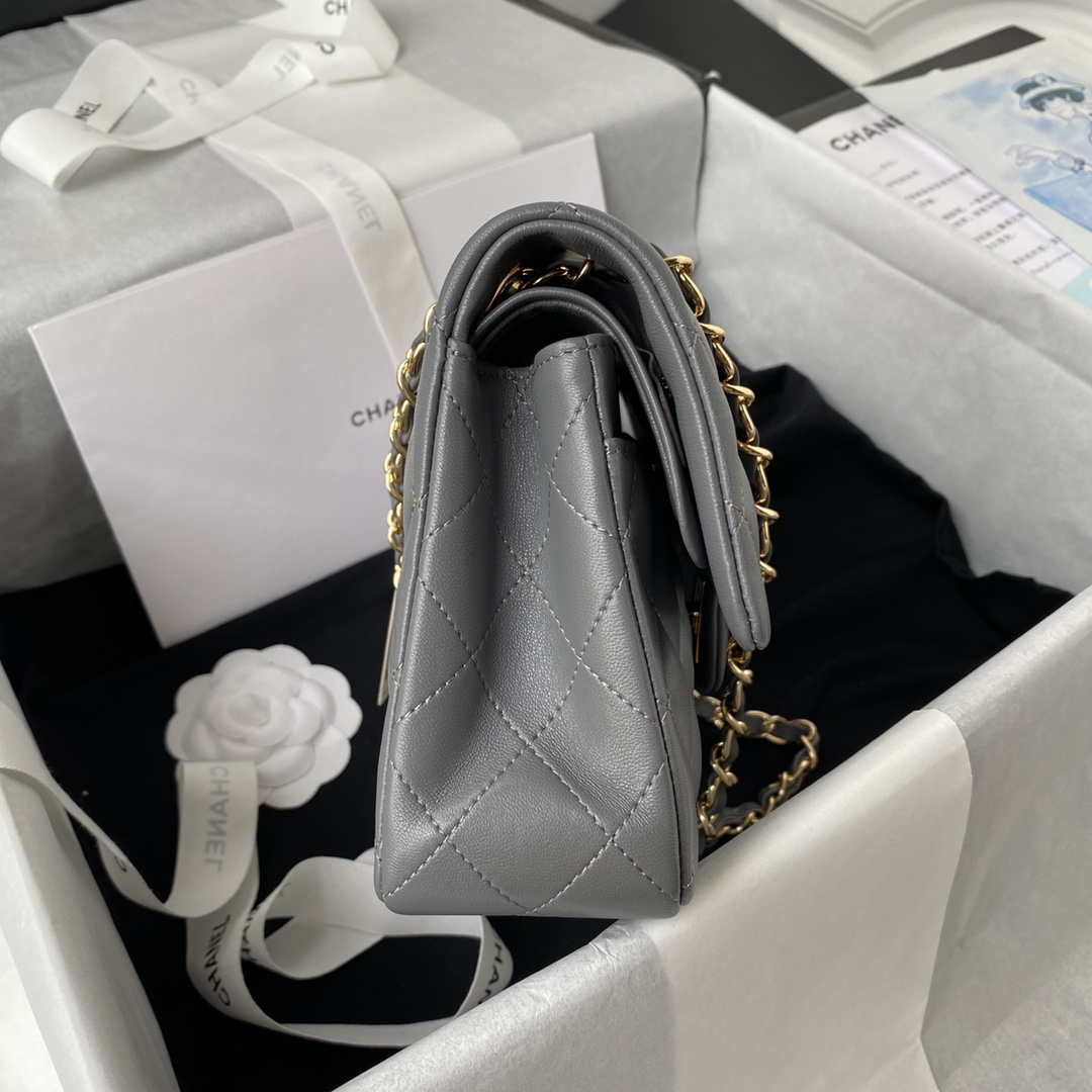 Chanel A01113 Flap Handbag Classic Bag Lambskin Gray Gold