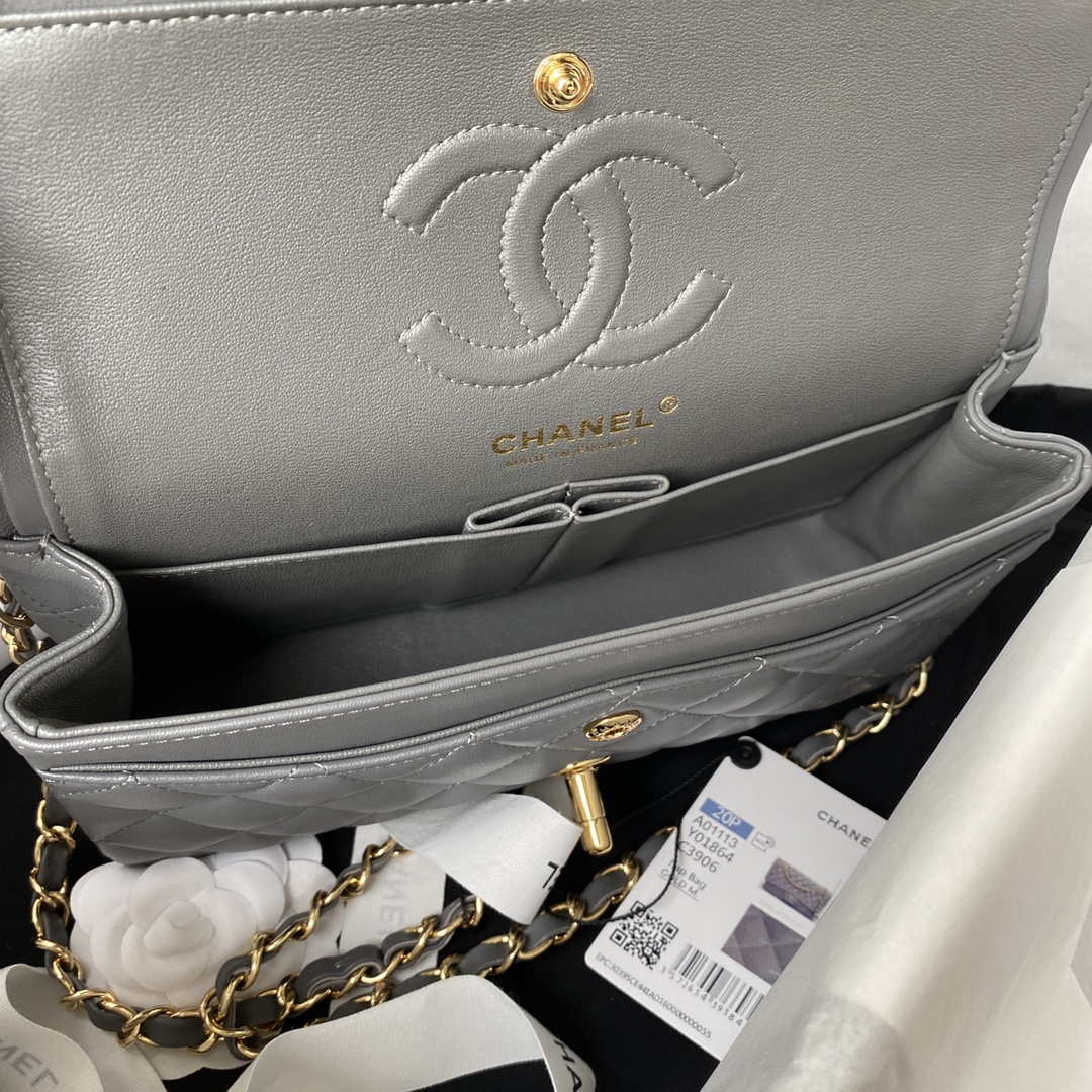 Chanel A01113 Flap Handbag Classic Bag Lambskin Gray Gold