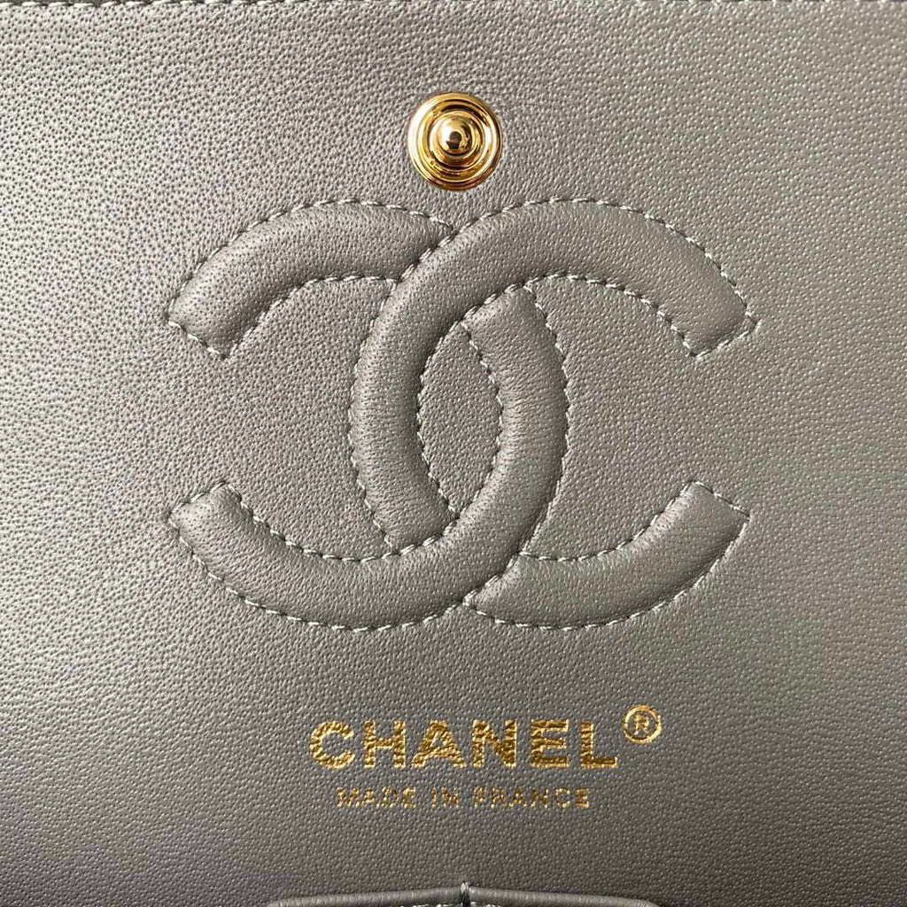 Chanel A01113 Flap Handbag Classic Bag Lambskin Gray Gold