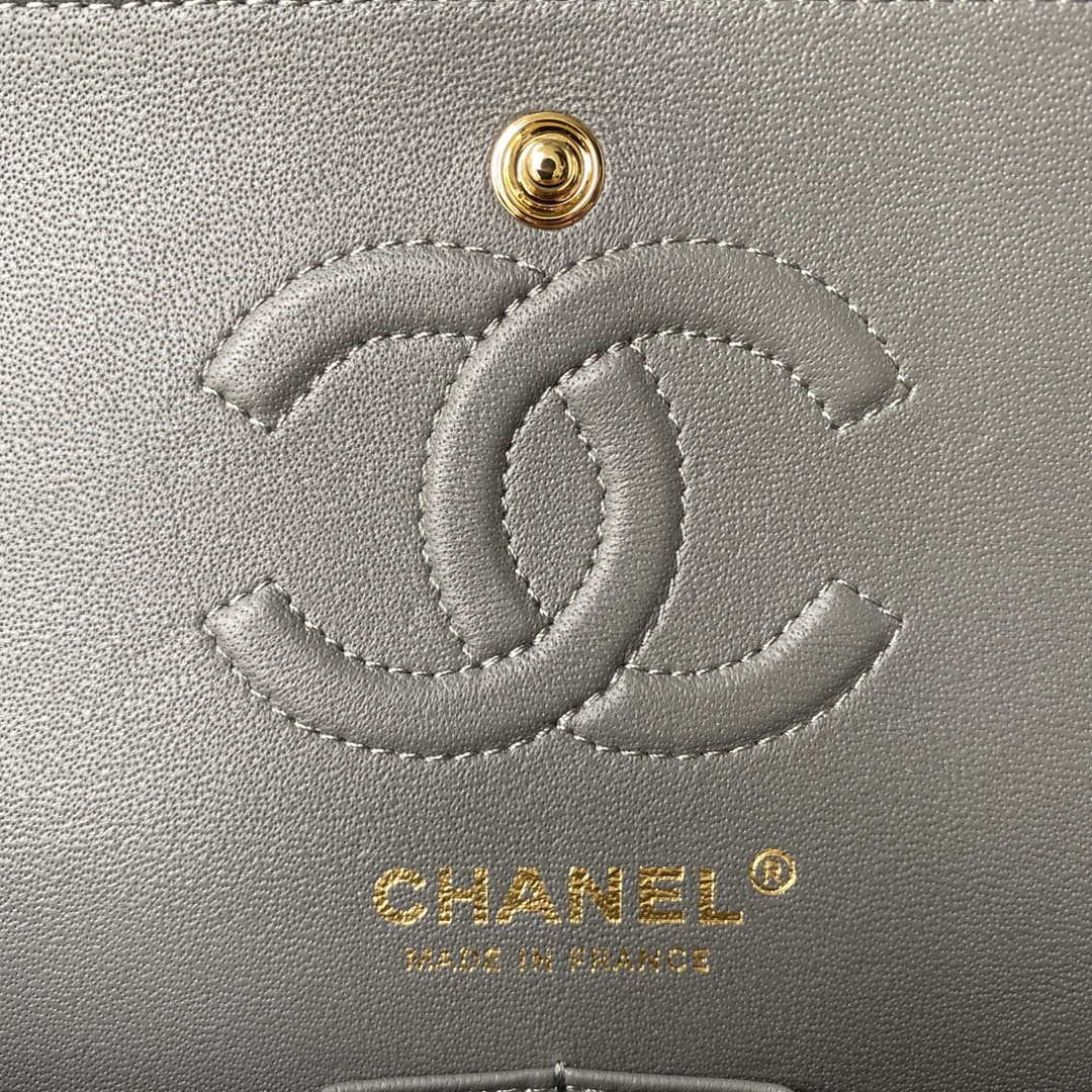 Chanel A01113 Flap Handbag Classic Bag Lambskin Gray Gold