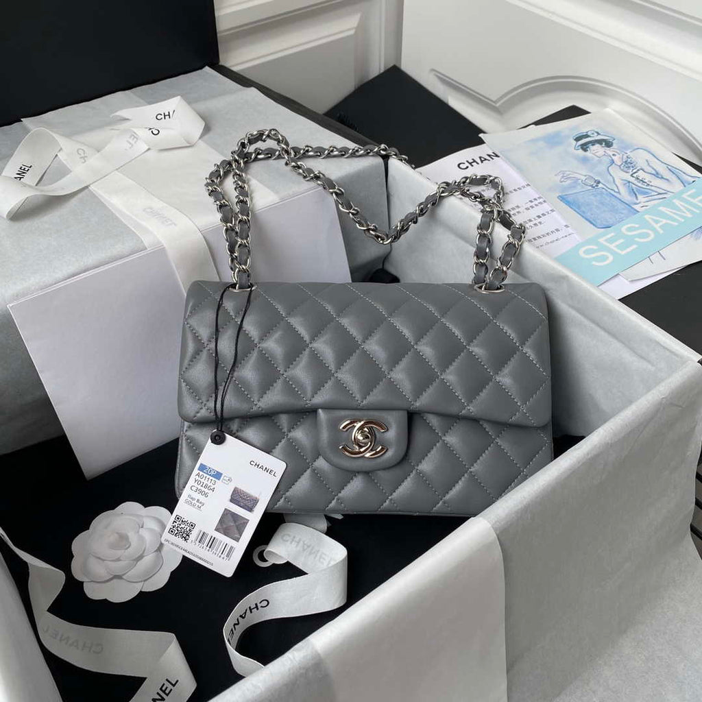 Chanel A01113 Flap Handbag Classic Bag Lambskin Gray Silver