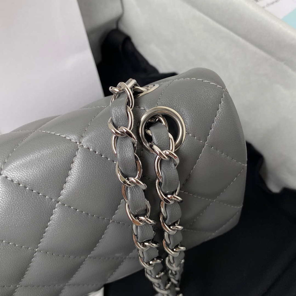 Chanel A01113 Flap Handbag Classic Bag Lambskin Gray Silver