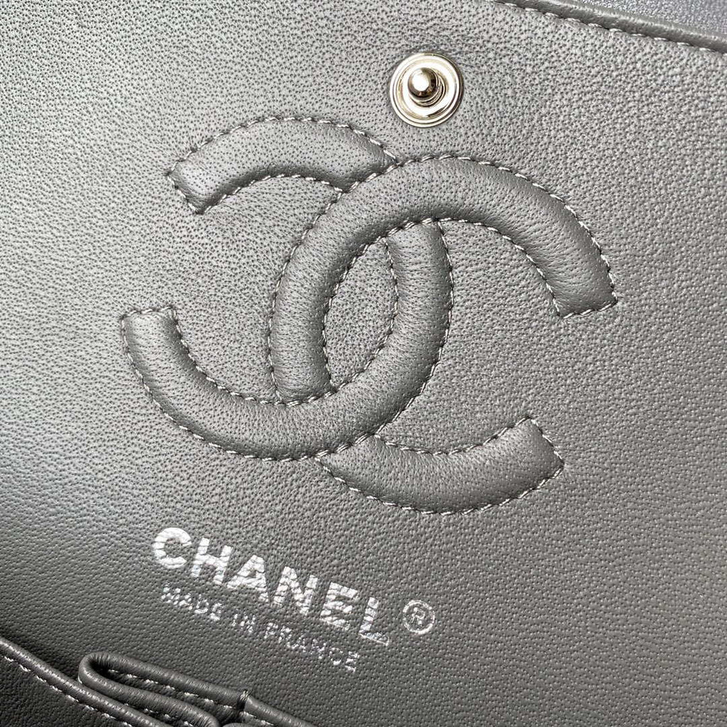 Chanel A01113 Flap Handbag Classic Bag Lambskin Gray Silver