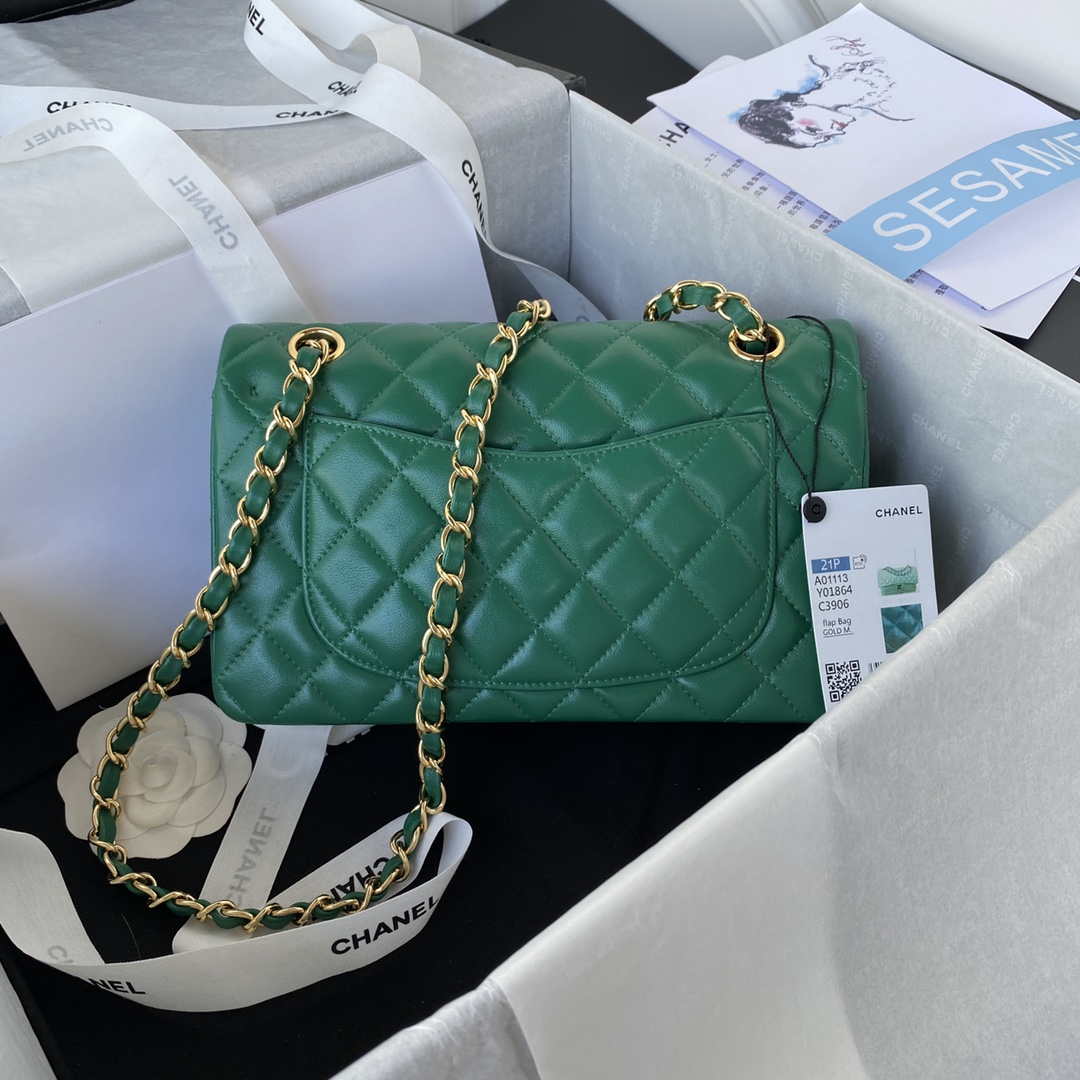 Chanel A01113 Flap Handbag Classic Bag Lambskin Green Gold