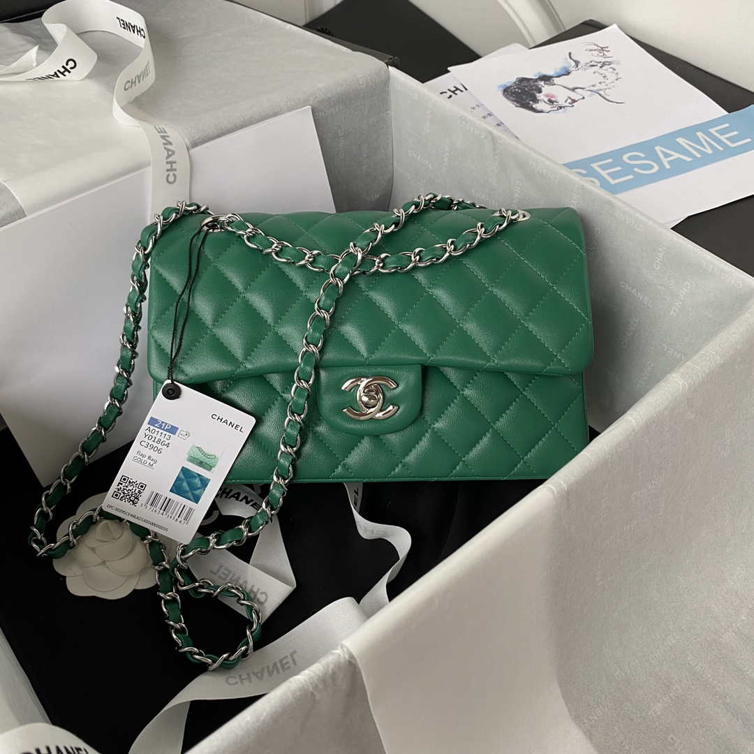 Chanel A01113 Flap Handbag Classic Bag Lambskin Green Silver - Default Title - View 1
