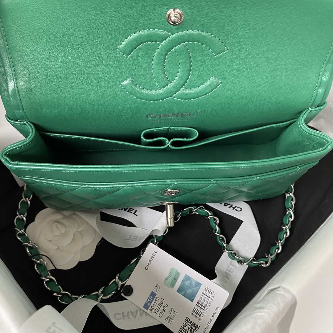 Chanel A01113 Flap Handbag Classic Bag Lambskin Green Silver - Default Title - View 6