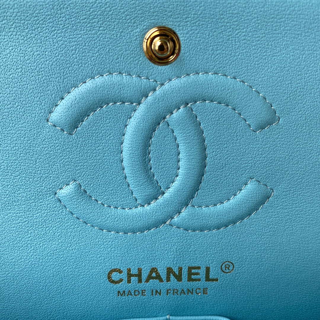 Chanel A01113 Flap Handbag Classic Bag Lake Blue Lambskin Gold