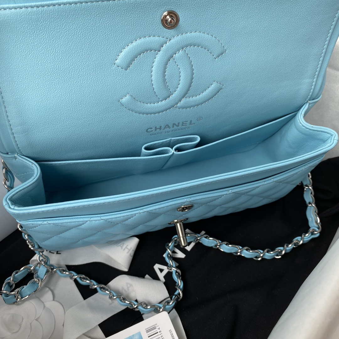 Chanel A01113 Flap Handbag Classic Bag Lake Blue Lambskin Silver - Default Title - View 7