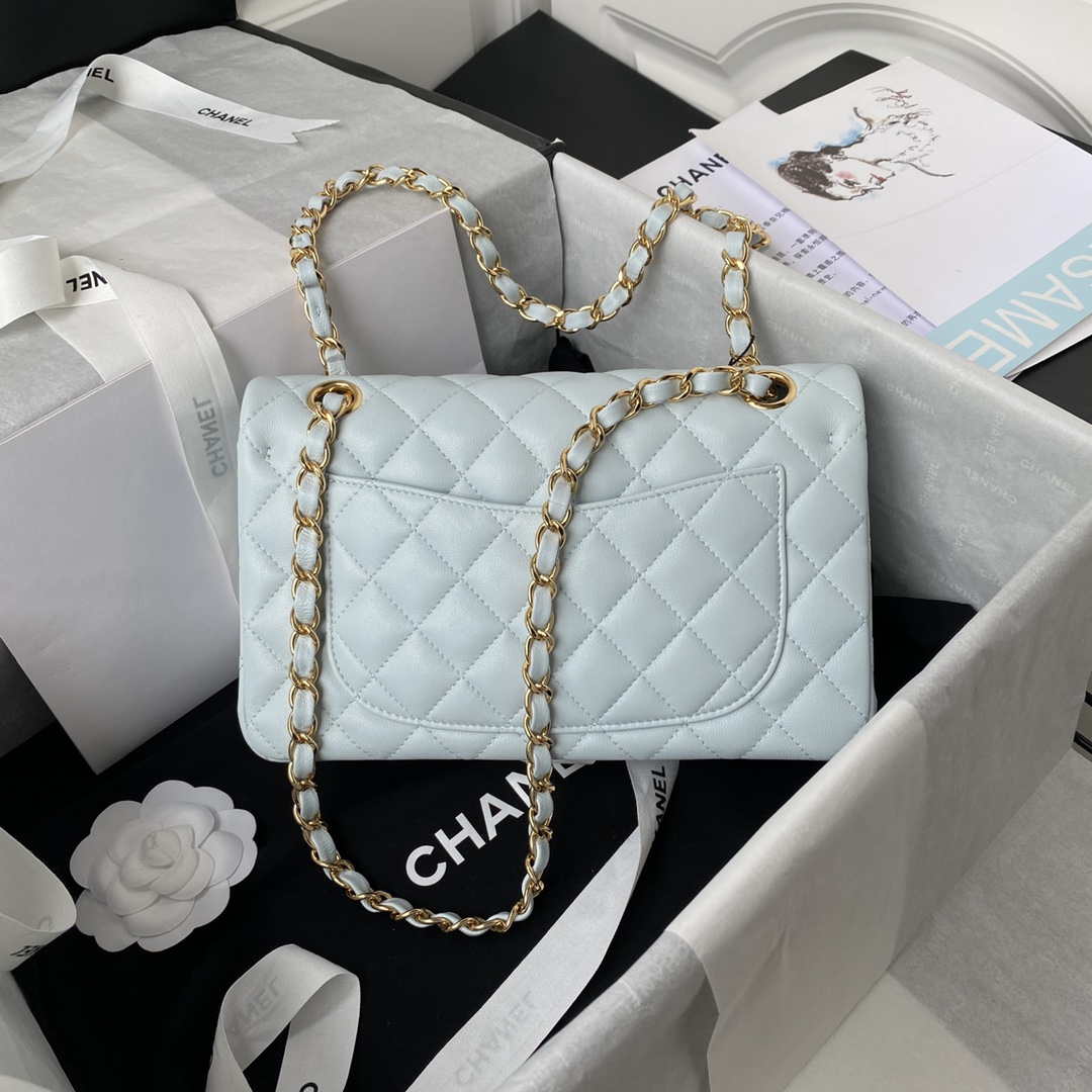 Chanel A01113 Flap Handbag Classic Bag Lambskin Light Blue Gold