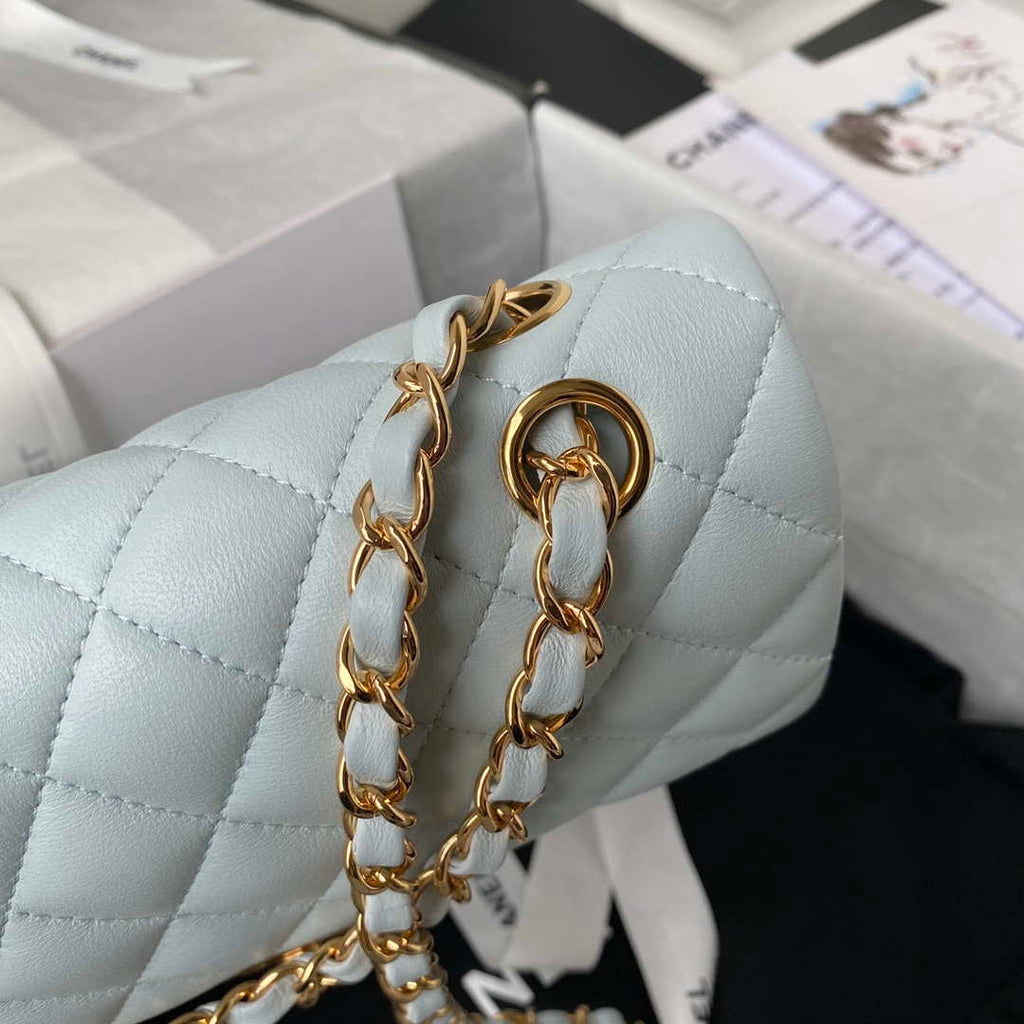 Chanel A01113 Flap Handbag Classic Bag Lambskin Light Blue Gold