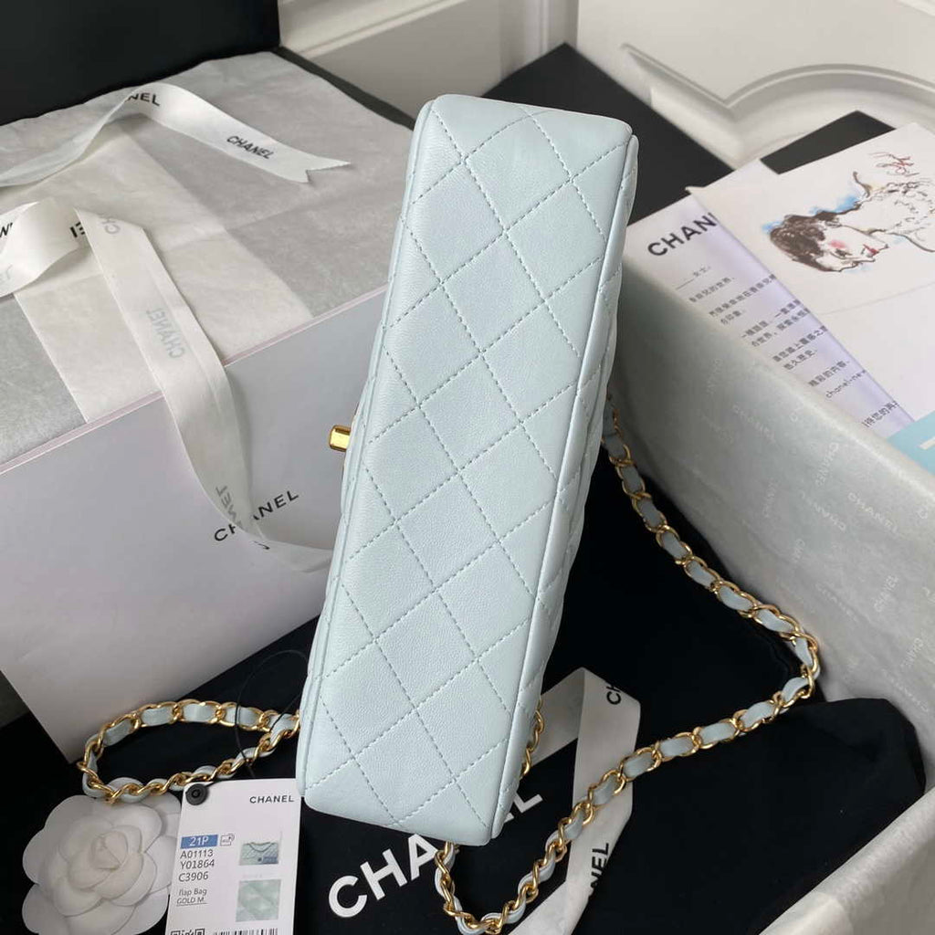 Chanel A01113 Flap Handbag Classic Bag Lambskin Light Blue Gold