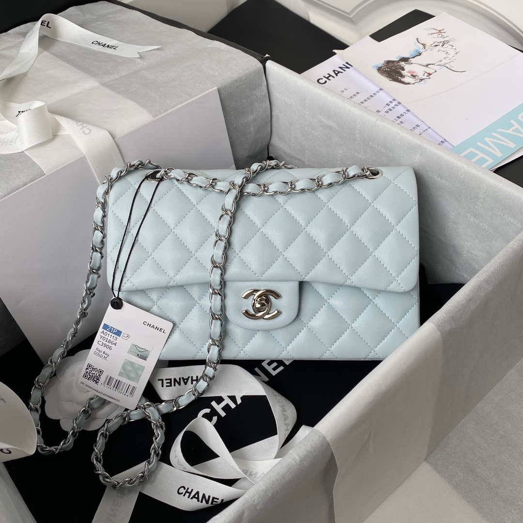 Chanel A01113 Flap Handbag Classic Bag Lambskin Light Blue Silver - Default Title - View 1