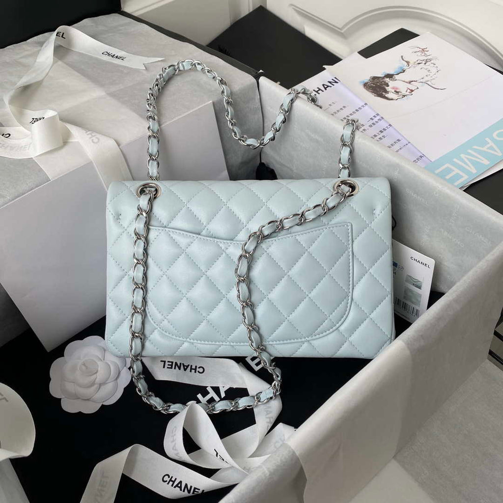 Chanel A01113 Flap Handbag Classic Bag Lambskin Light Blue Silver