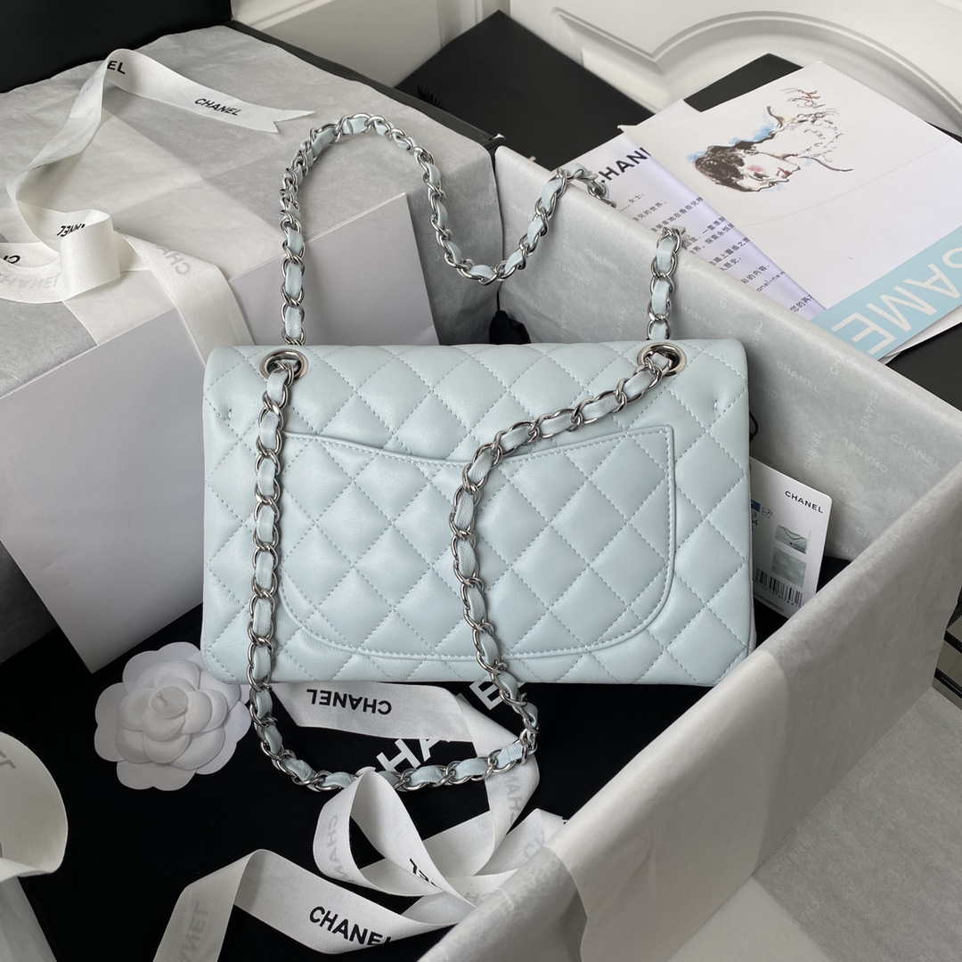 Chanel A01113 Flap Handbag Classic Bag Lambskin Light Blue Silver
