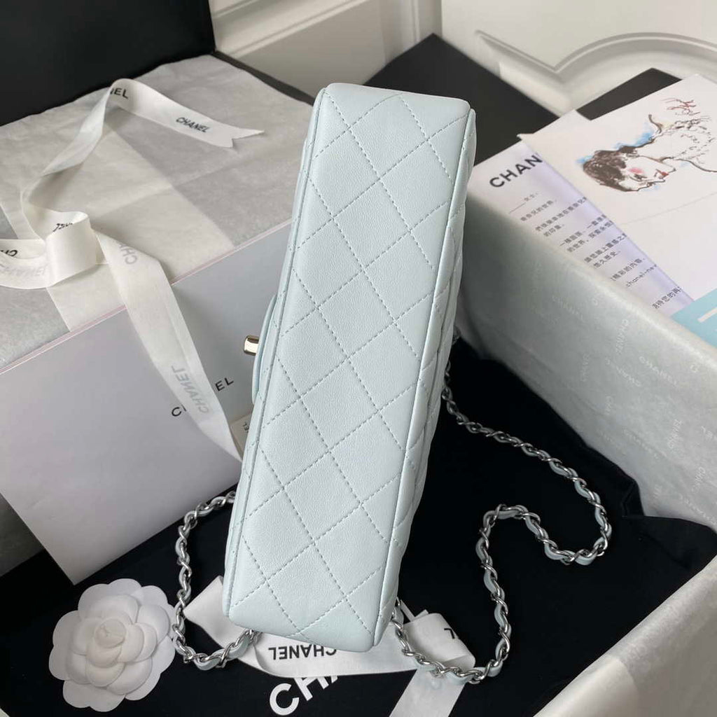Chanel A01113 Flap Handbag Classic Bag Lambskin Light Blue Silver