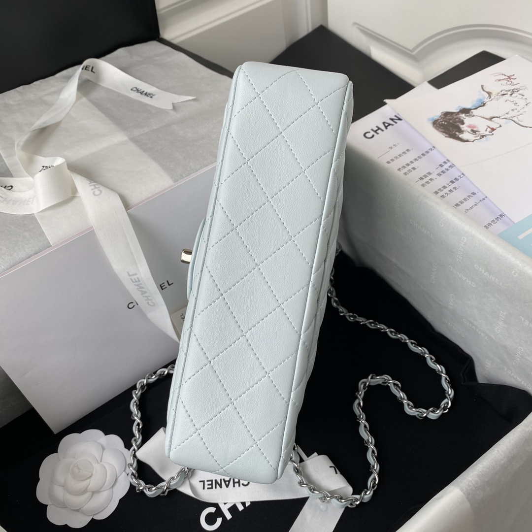 Chanel A01113 Flap Handbag Classic Bag Lambskin Light Blue Silver