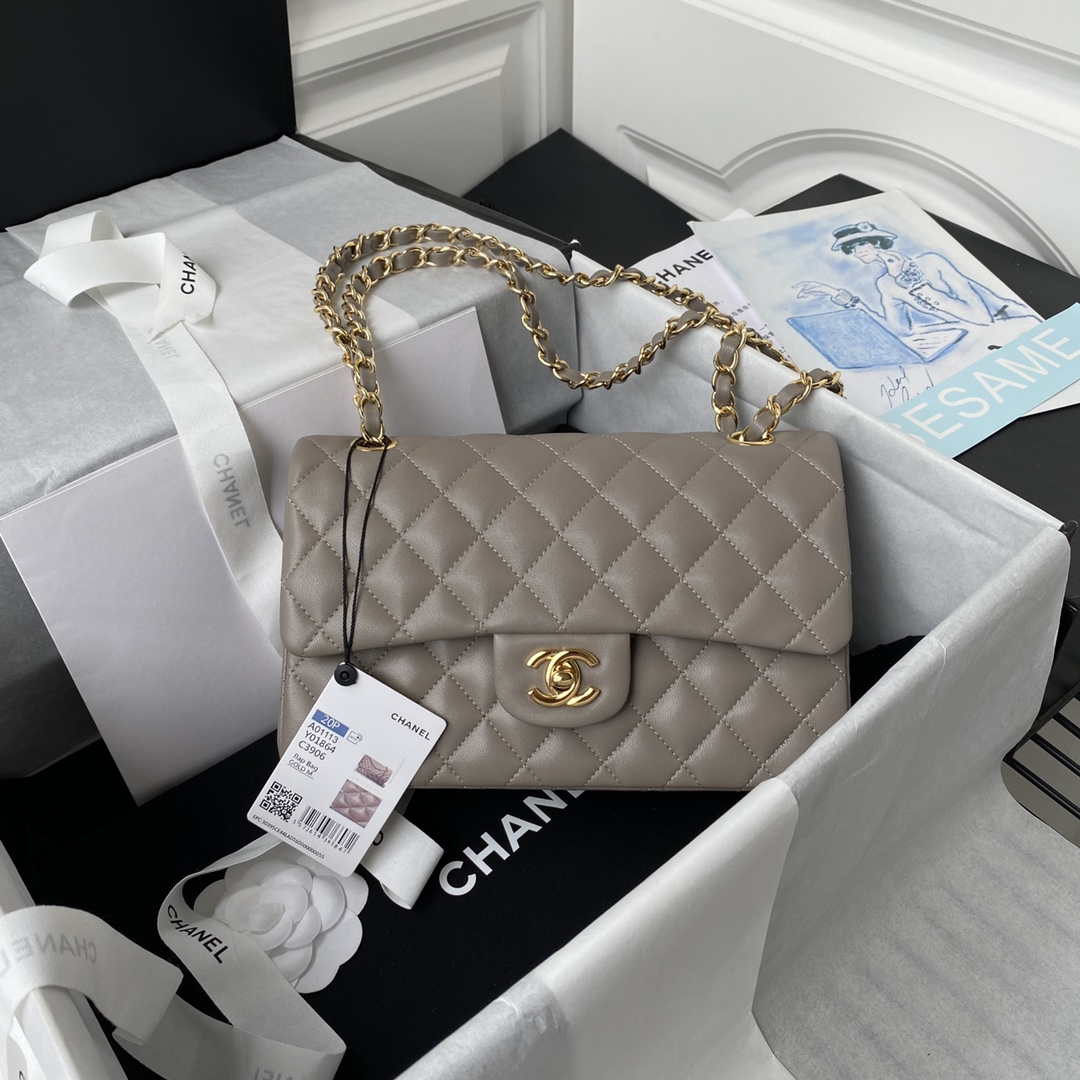 Chanel A01113 Flap Handbag Classic Bag Lambskin Light Gray Gold - Default Title - View 1