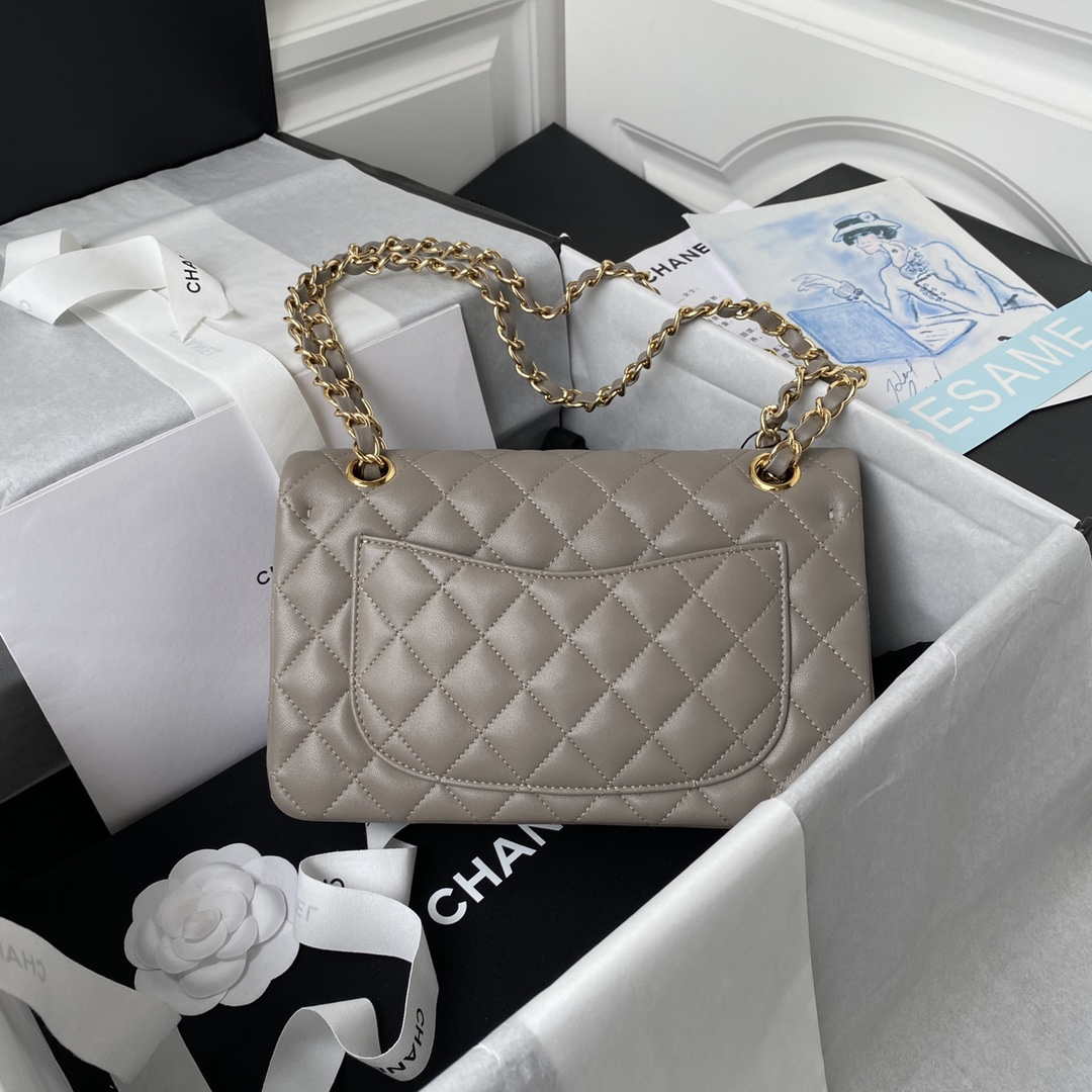 Chanel A01113 Flap Handbag Classic Bag Lambskin Light Gray Gold