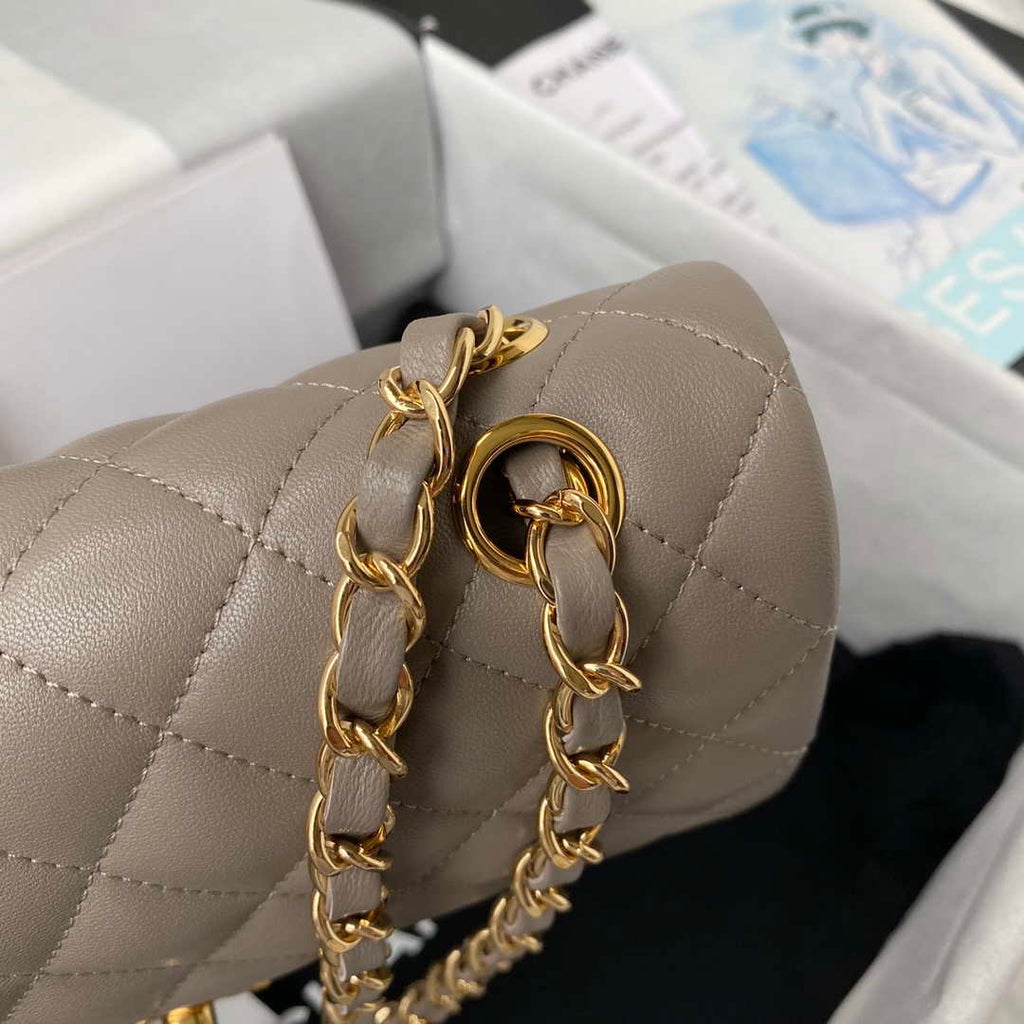 Chanel A01113 Flap Handbag Classic Bag Lambskin Light Gray Gold