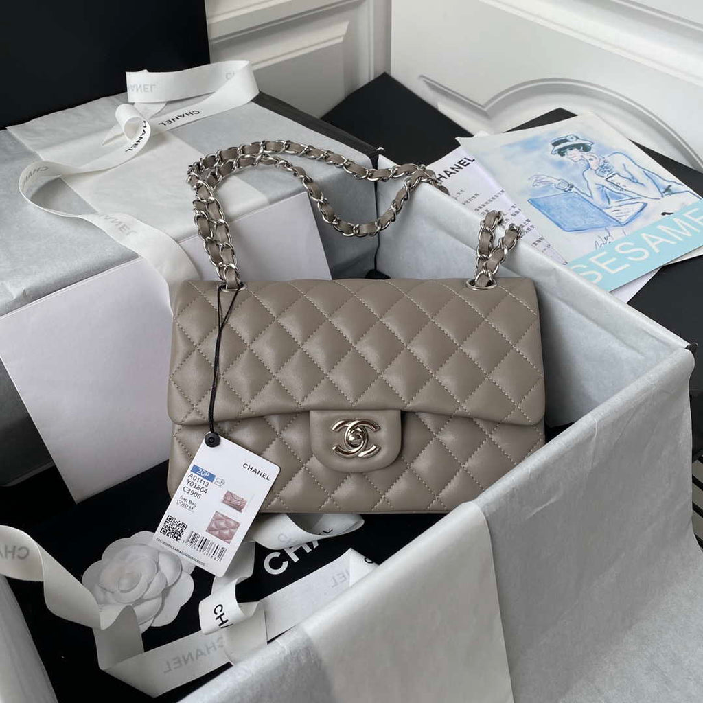 Chanel A01113 Flap Handbag Classic Bag Lambskin Light Gray Silver