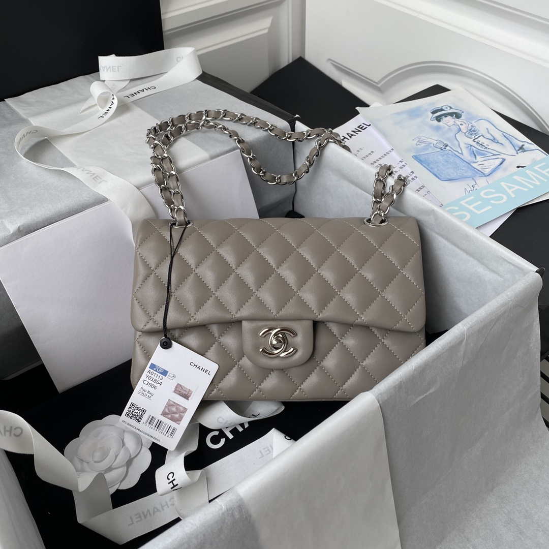 Chanel A01113 Flap Handbag Classic Bag Lambskin Light Gray Silver - Default Title - View 1