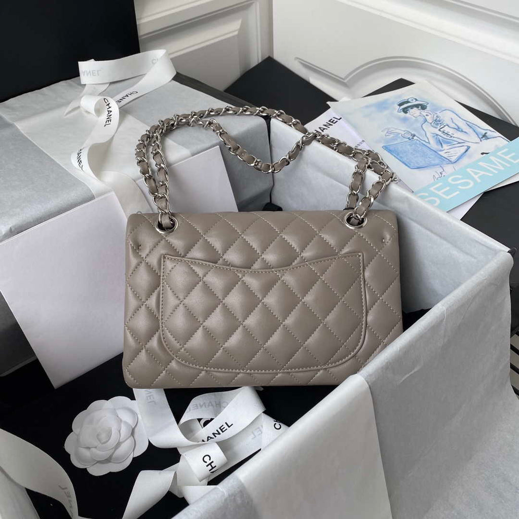 Chanel A01113 Flap Handbag Classic Bag Lambskin Light Gray Silver