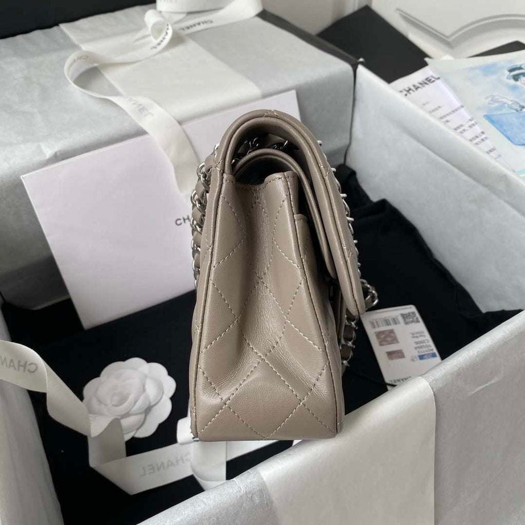 Chanel A01113 Flap Handbag Classic Bag Lambskin Light Gray Silver