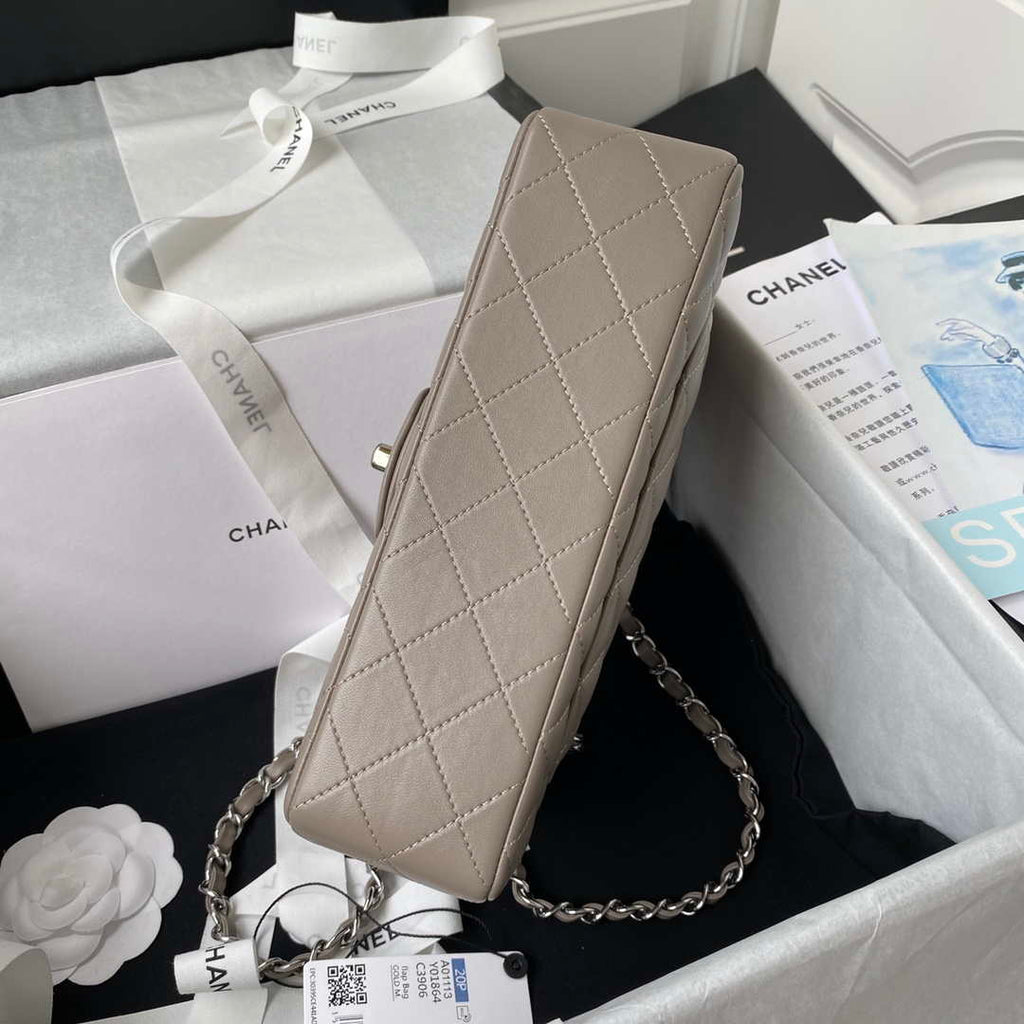 Chanel A01113 Flap Handbag Classic Bag Lambskin Light Gray Silver