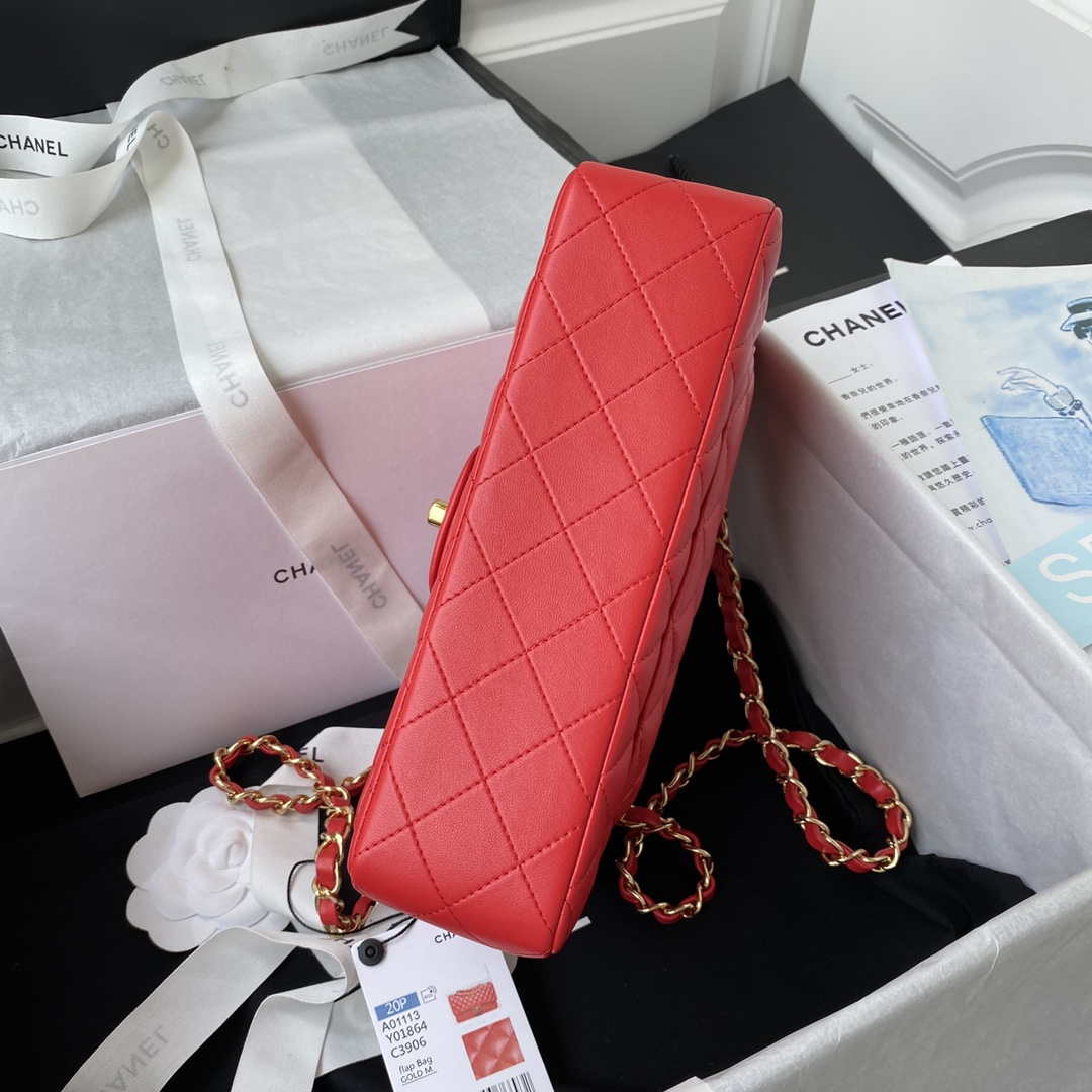 Chanel A01113 Flap Handbag Classic Bag Red Lambskin Gold