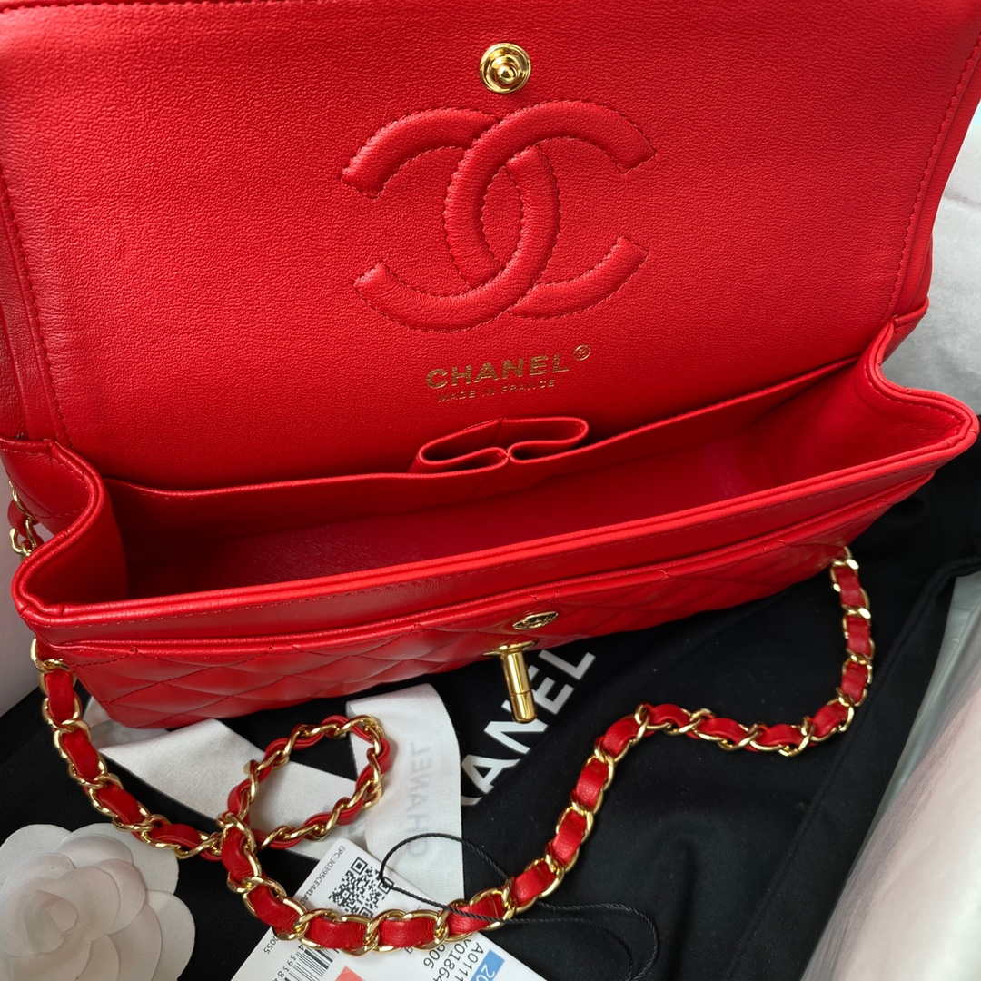 Chanel A01113 Flap Handbag Classic Bag Red Lambskin Gold - Default Title - View 6