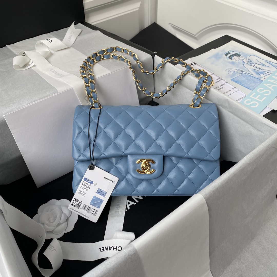 Chanel A01113 Flap Handbag Classic Bag Lambskin Sky Blue Gold - Default Title - View 1